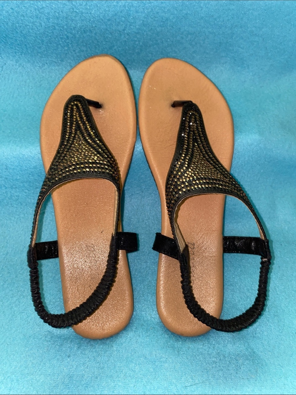 LUCITA T-Strap thong sandal gold black rhinestone embellished black flats size 9